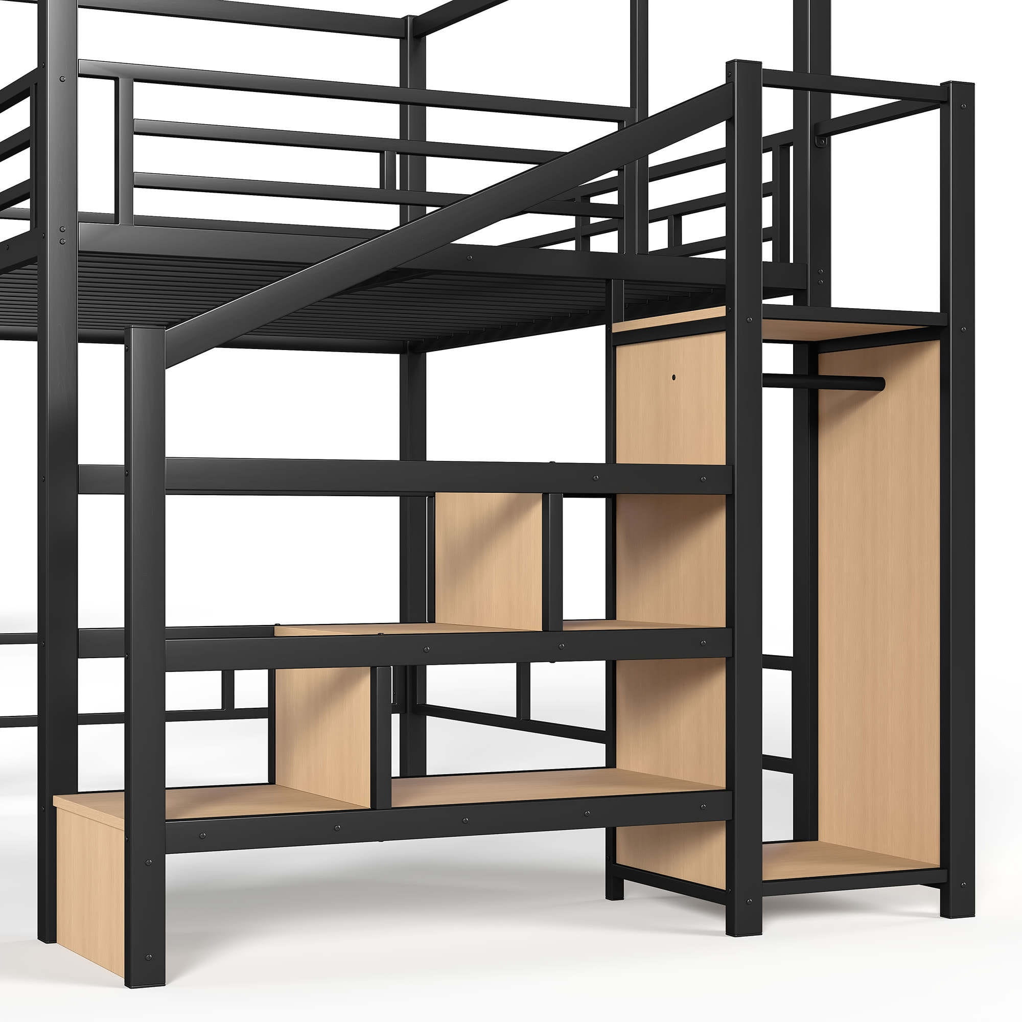 Bellemave® Loft Bed with Storage Stairs, Wardrobe, Canopy Support Pole, Metal Loft Bed Frame for Adults, Kids & Teens, Canopy can be Disassembled, Black+Natural Wood Bellemave®