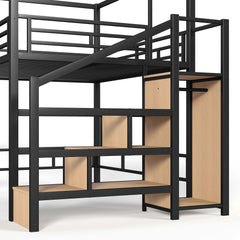Bellemave® Loft Bed with Storage Stairs, Wardrobe, Canopy Support Pole, Metal Loft Bed Frame for Adults, Kids & Teens, Canopy can be Disassembled, Black+Natural Wood Bellemave®