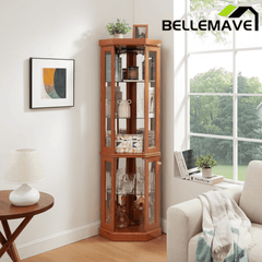 Bellemave® Corner Curio Cabinet with Tempered Glass Doors and Adjustable Shelves, Wine Bar China Cabinet for Living Room Liquor Storage Bellemave®