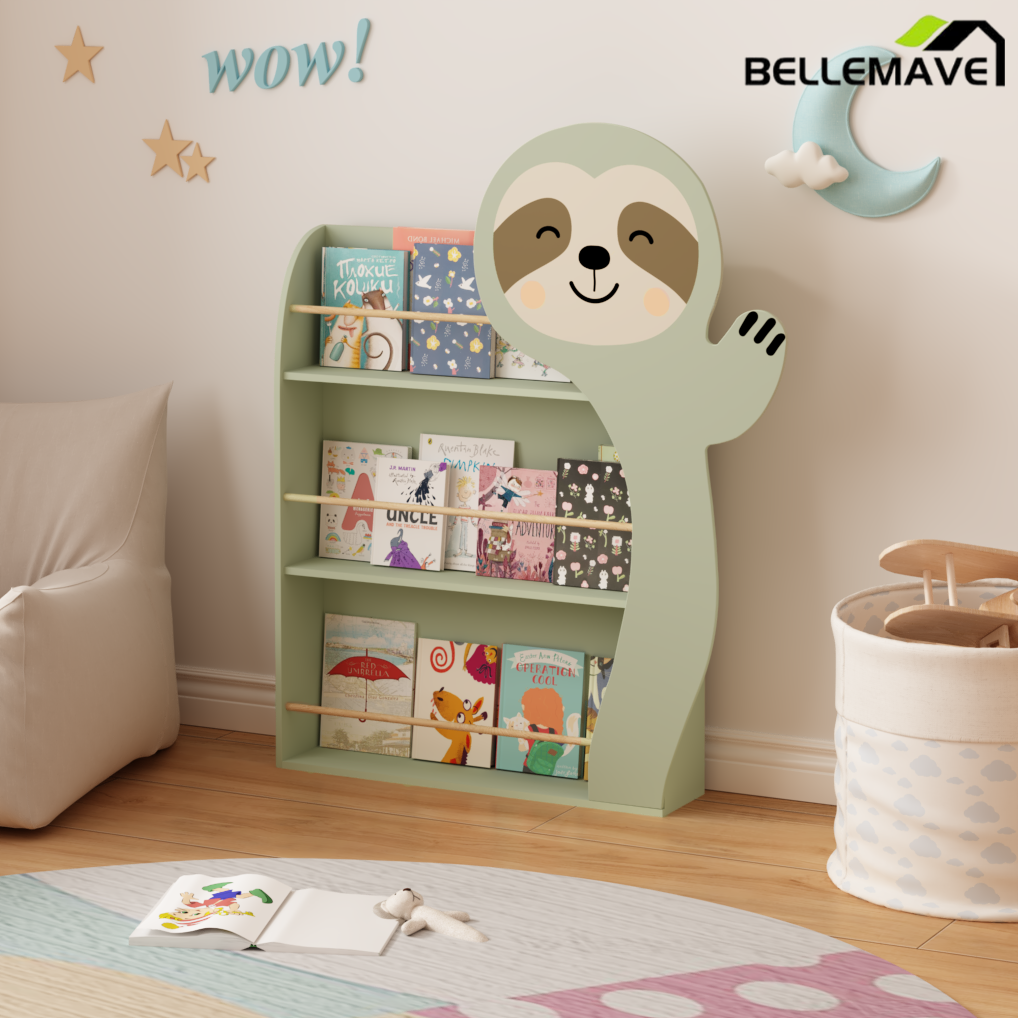 Bellemave® Sloth Kids Bookshelf, 3-Tier Front-Facing Toddler Book Display Rack, MDF Nursery Storage Bellemave®