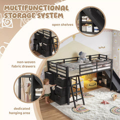 Bellemave® Twin Metal Loft Bed with Slide, 7 Drawers & LED Lights — Storage Shelves & Hanging Area for Kids Bellemave®