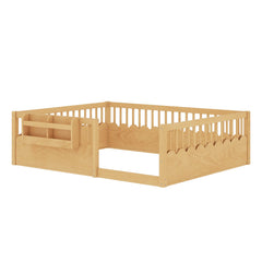 Bellemave® Queen Size Floor Bed for Kids with Heightened Safety Fence & Bookshelf, Low Profile Wood Platform Bed Frame with Storage, White Bellemave®