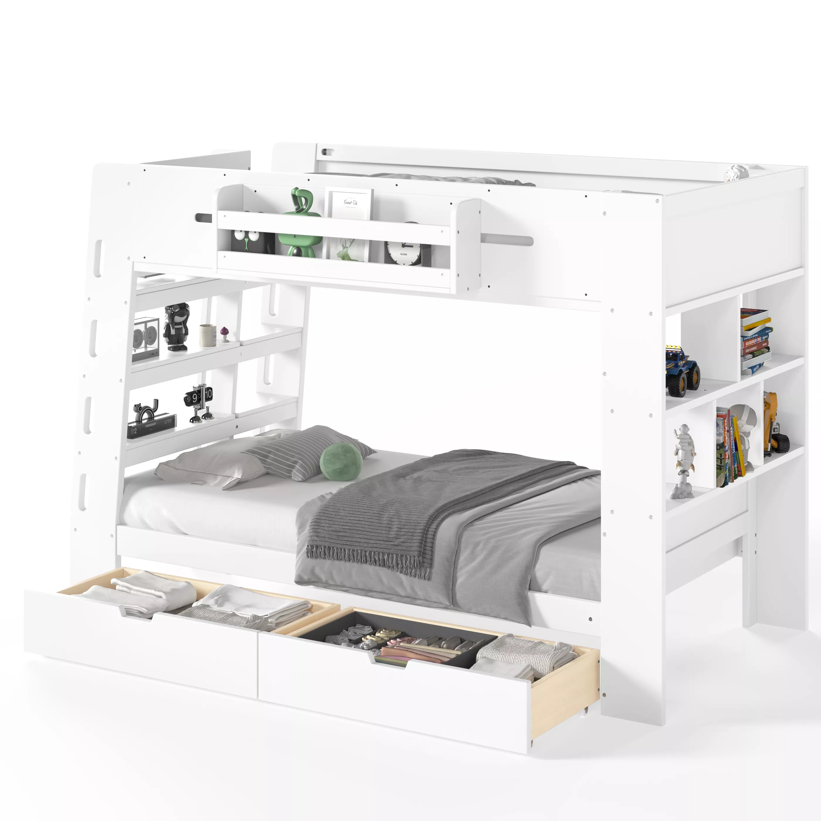 white bunk bed frame with bookcase headboard and storage drawers