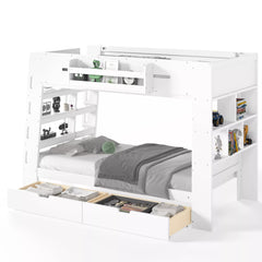 white bunk bed frame with bookcase headboard and storage drawers