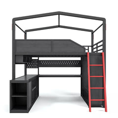 Gaming Loft Bed with Desk and Storage Shelf Front View