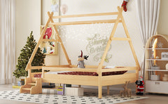 Bellemave® Full Size House Bed with Stairs, Solid Wood Low Profile Platform Bed Frame, Spacious Playhouse Design for Kids, Natural Finish