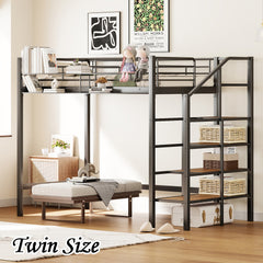 Bellemave® Metal Loft Bed with Upper Grid Storage Shelf and Lateral Storage Ladder