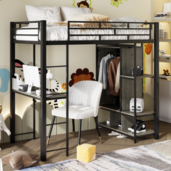 Bellemave® Twin Size Metal Loft Bed with Built-in Wardrobe, Desk and Shelves