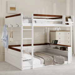 Bellemave® Queen Size Wooden Bunk Bed with Built-in Shelves,Storage Box,LED Light and USB Charging Station