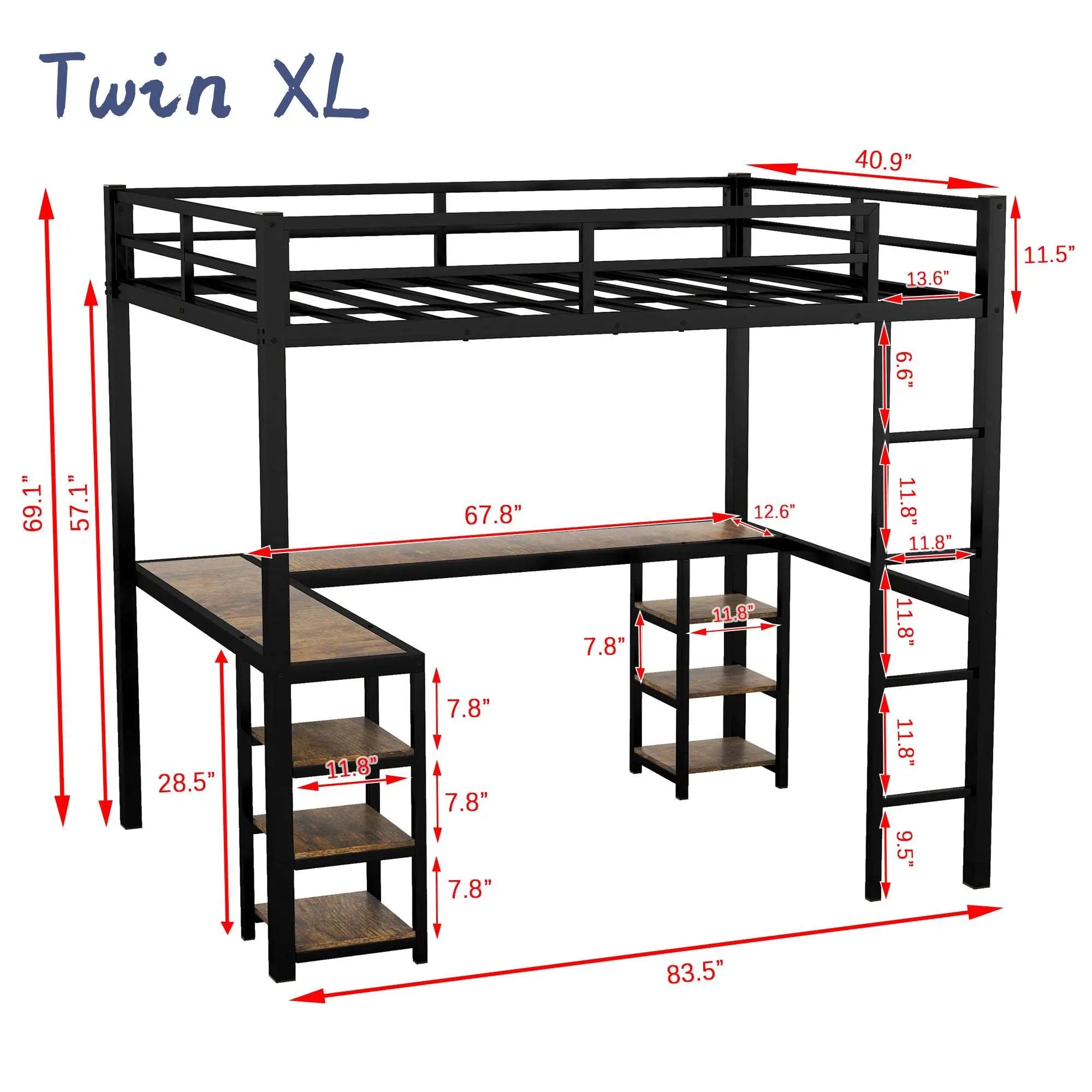 Bellemave® Metal Loft Bed with Desk and Shelves