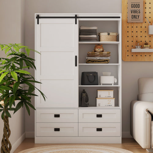 Bellemave® Modern Wardrobe with Hanging Rod and Barn Door ,Drawers  and Open Shelves