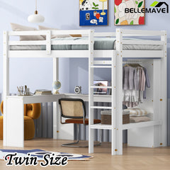 Bellemave® Loft Bed with L-shaped Desk, Wardrobe and Storage Shelves