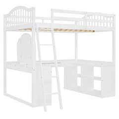 Bellemave® Full Size Wooden Loft Bed with U-shaped Desk,Storage Compartments and Tri-fold Mirror