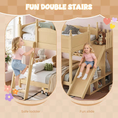 Bellemave® Full over Full Bunk Bed with Storage Shelves,Solid Wood Bed with Slide & Ladders, Low Profile Design Bellemave®