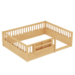 Bellemave® Queen Size Floor Bed for Kids with Heightened Safety Fence & Bookshelf, Low Profile Wood Platform Bed Frame with Storage, White Bellemave®