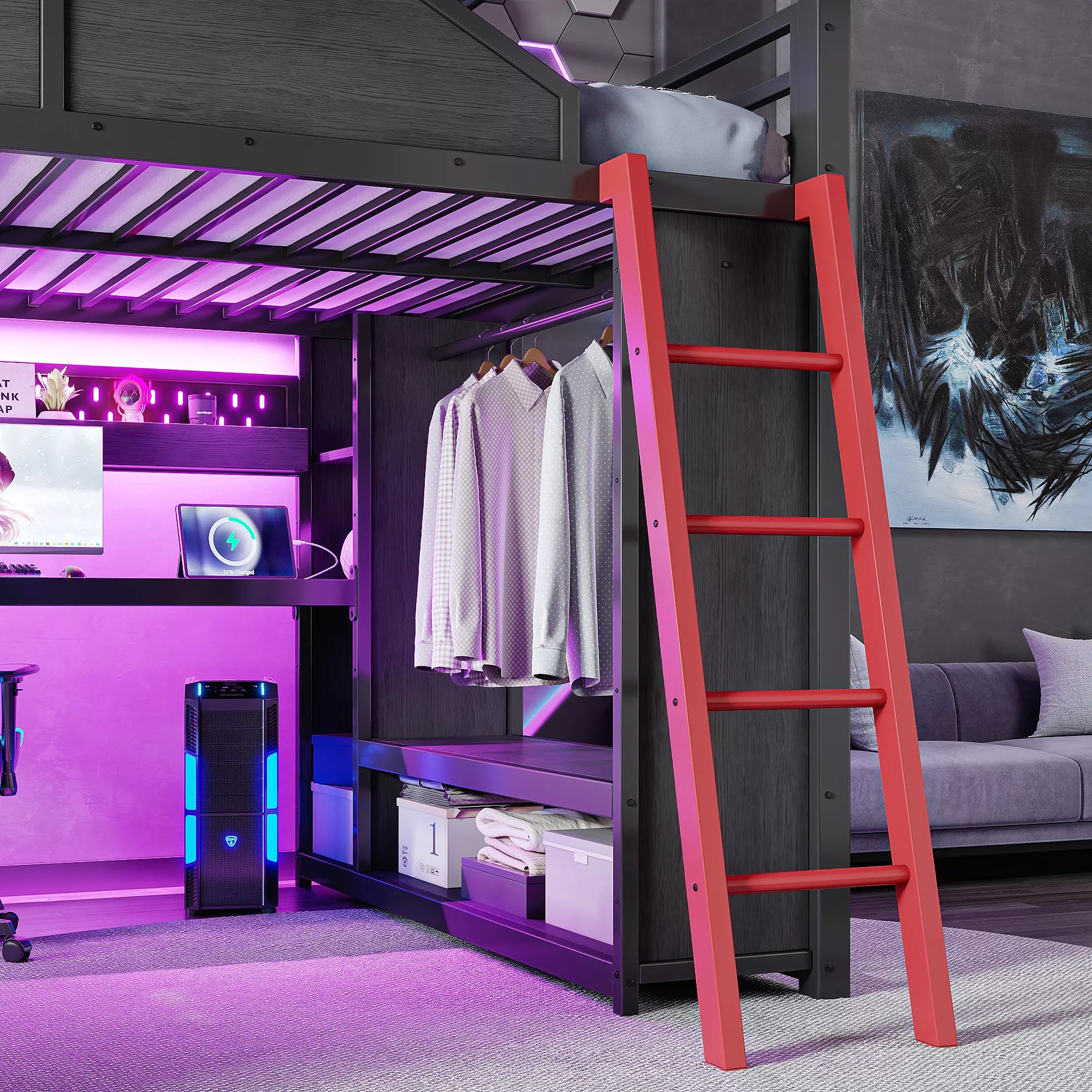 Gaming Loft Bed LED Lighting Bedroom Setup