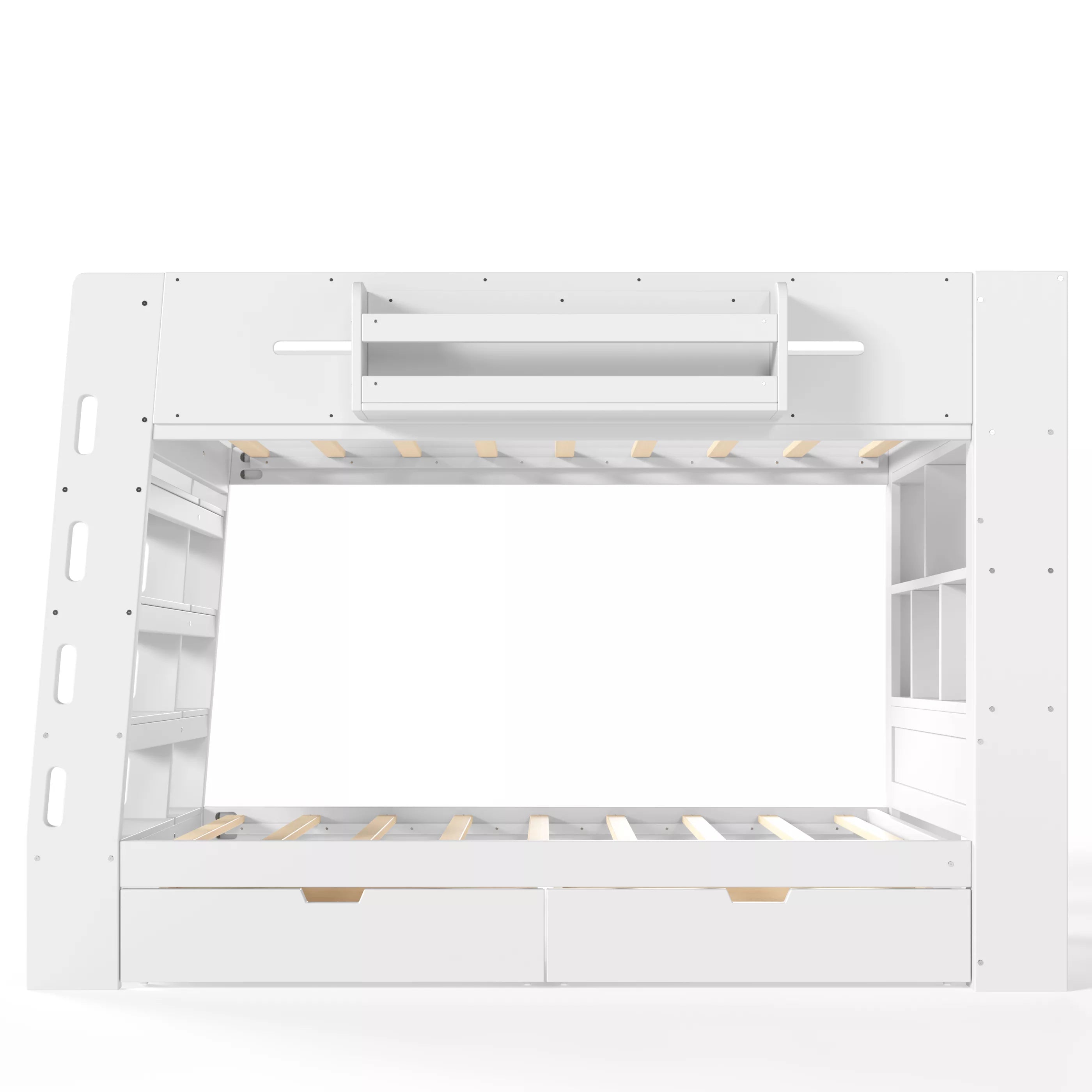 bunk bed with built in shelves and wooden slat support