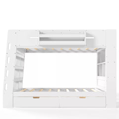 bunk bed with built in shelves and wooden slat support
