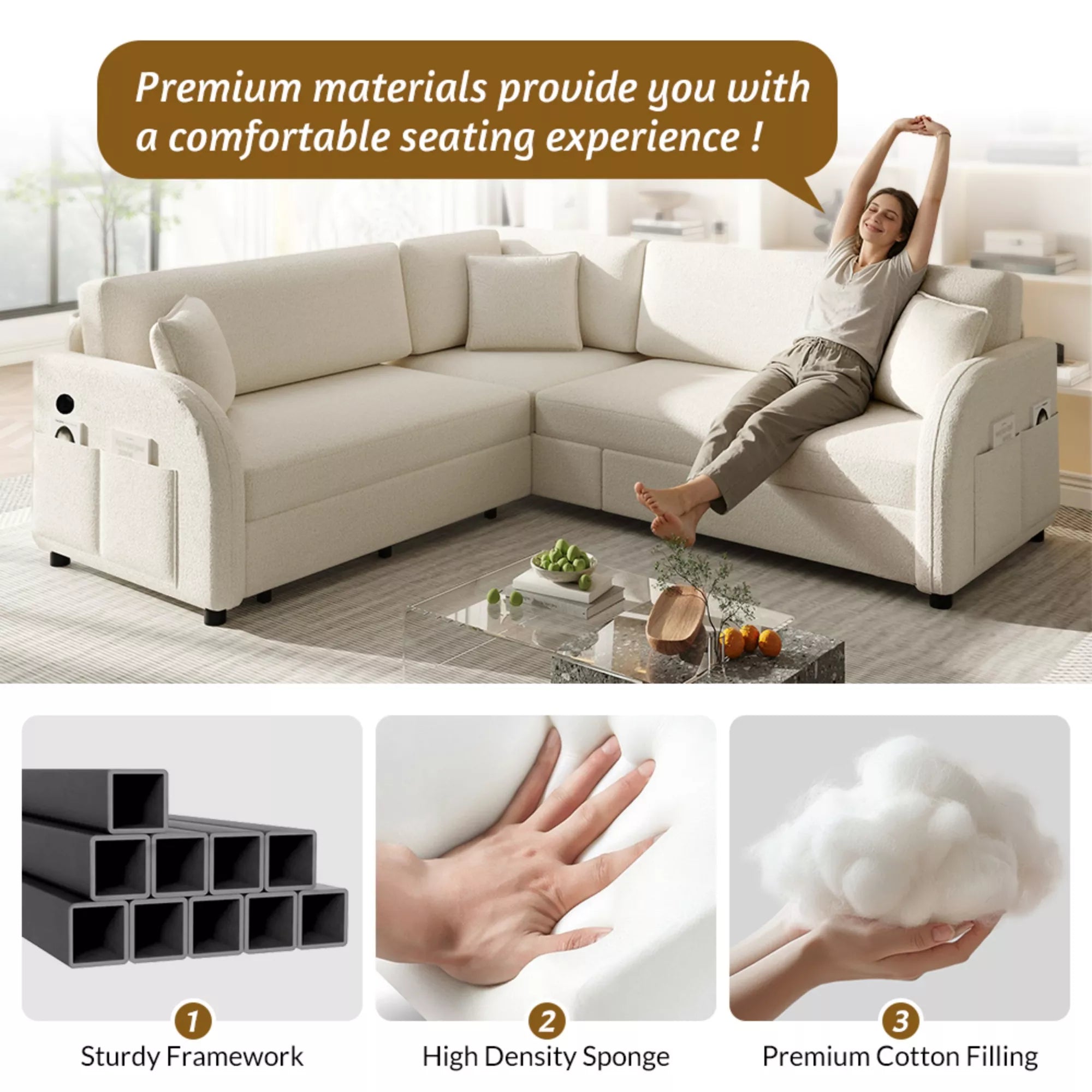 Sectional sofa cushion and frame construction