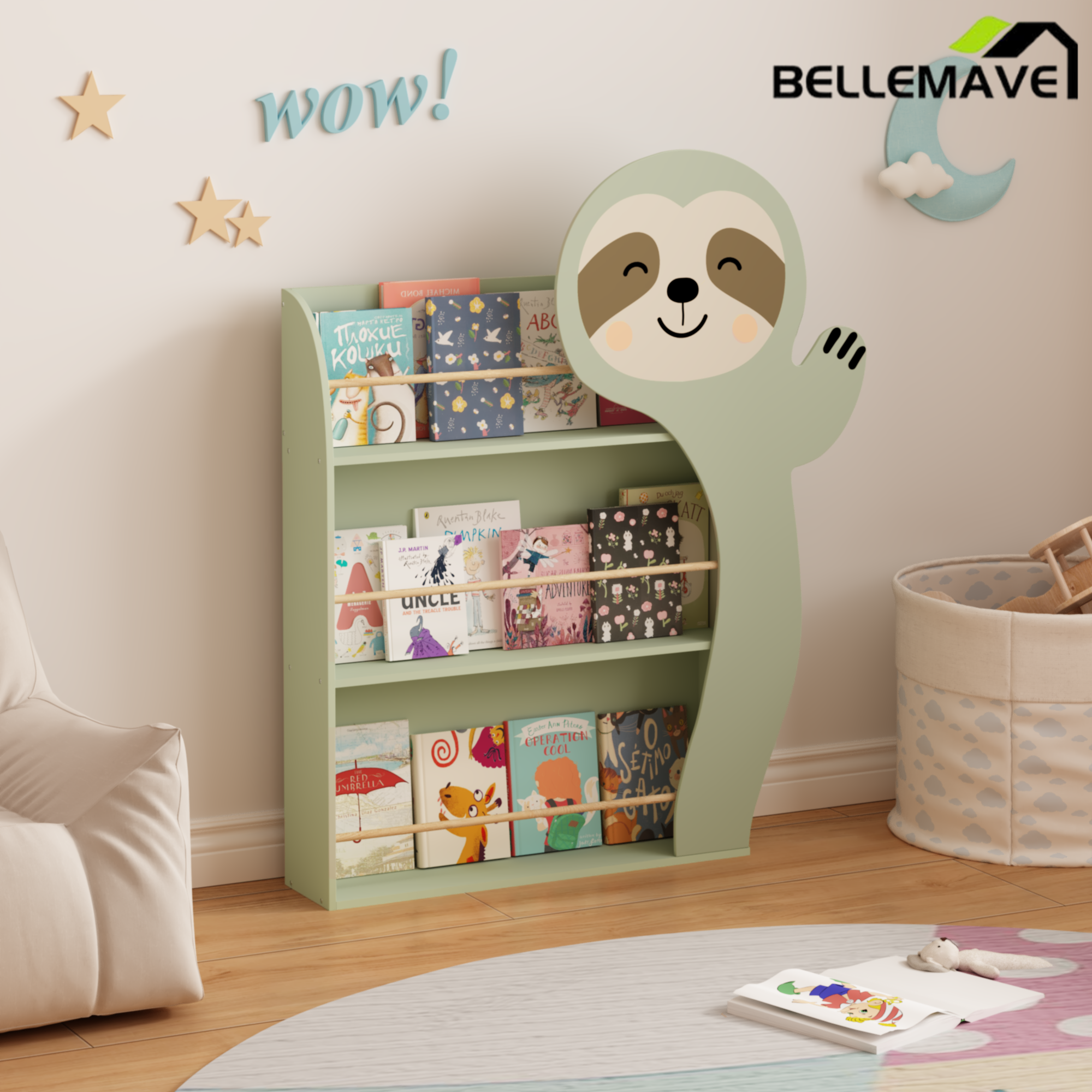 Bellemave® Sloth Kids Bookshelf, 3-Tier Front-Facing Toddler Book Display Rack, MDF Nursery Storage Bellemave®