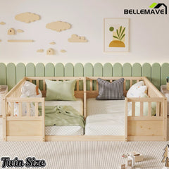 Double twin floor bed with semi enclosed guardrails for kids