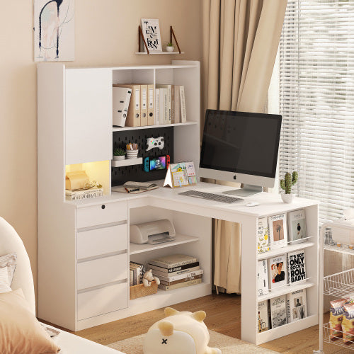 Bellemave® L-Shaped Computer Desk with Drawers, Bookshelf and Hutch, LED Light and Charger