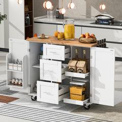 Bellemave® Rolling Kitchen Island with Storage and Rubber Wood Top, 3 Drawer, 2 Slide-Out Shelf and Internal Storage Rack, Spice Rack and Tower Rack