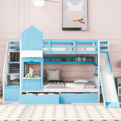 Bellemave® Castle Style Bunk Bed with 2 Drawers 3 Shelves and Slide