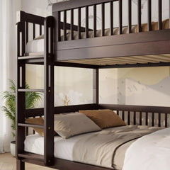 Close-up of the upper bunk wooden guardrails and bed frame