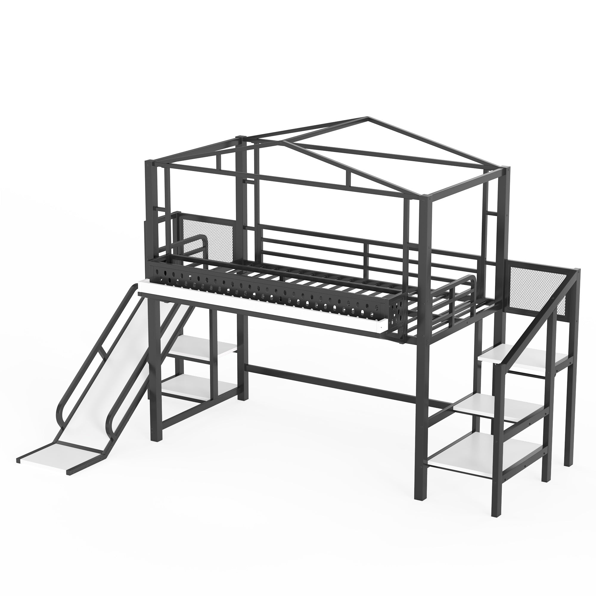 Bellemave® Kids Loft Bed with Slide, Storage Shelves & Hanging Rack, Metal Loft Beds Frame with USB Ports & LED Lights Bellemave®
