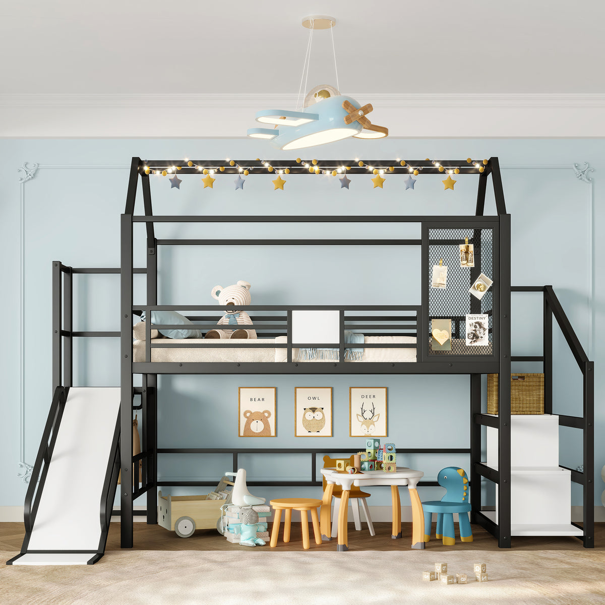 Bellemave® House Loft Bed Full Size, Full Size Loft Bed with Storage Stairs,Open Wardrobe and Slide,Black