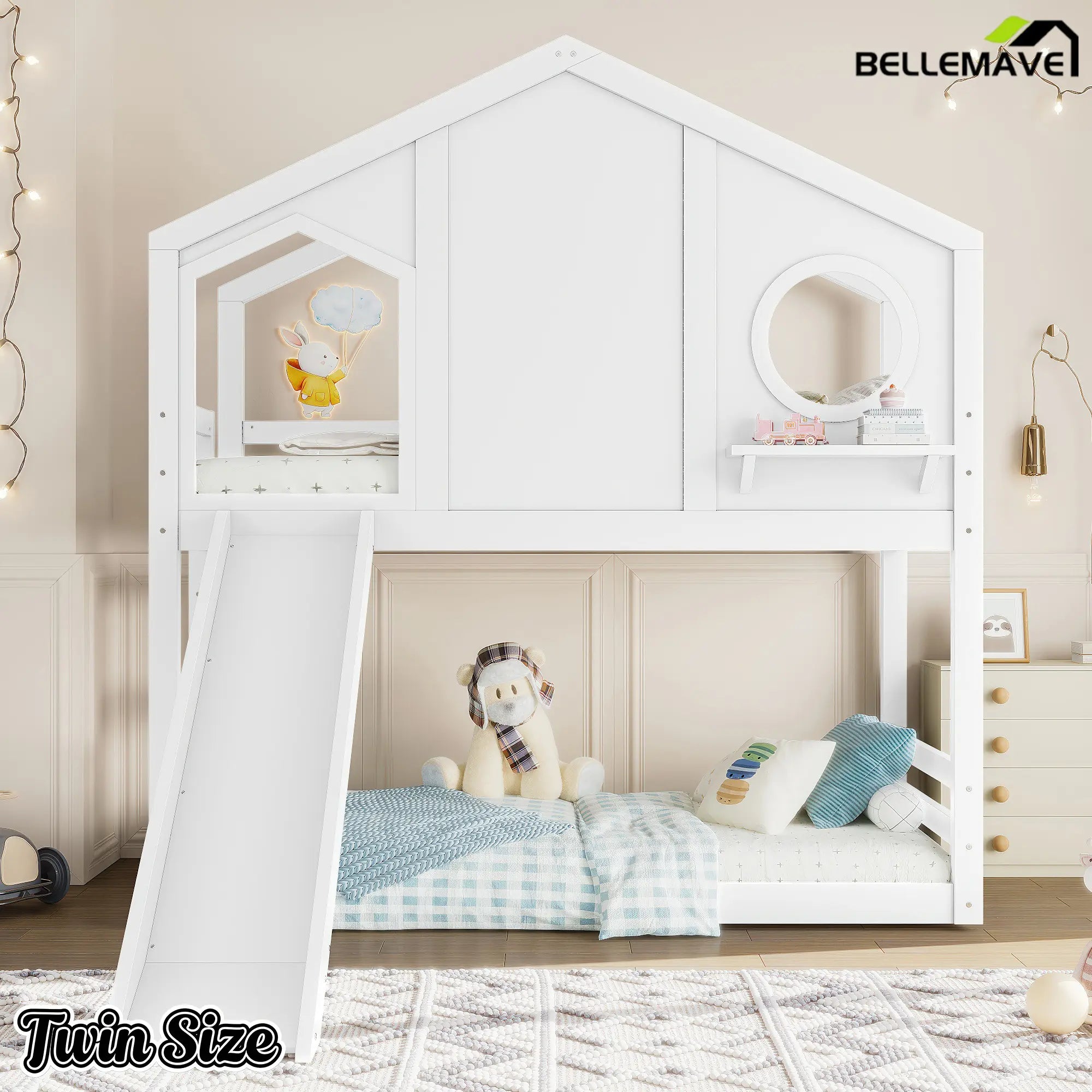 Bellemave® Twin Size House Bunk Bed with Slide and Storage Shelf, Twin Floor Bunk Beds Frame with Safety Guardrails for Kids Girls Boys, Grey Bellemave®