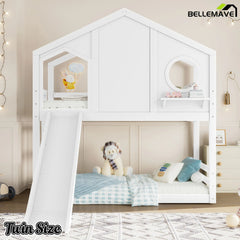 Bellemave® Twin Size House Bunk Bed with Slide and Storage Shelf, Twin Floor Bunk Beds Frame with Safety Guardrails for Kids Girls Boys, Grey Bellemave®