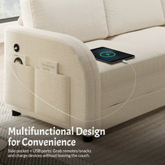 Sleeper sofa with USB charging port and side pockets