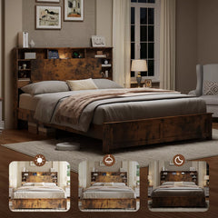 Wood Platform Bed Frame with Storage Headboard and Bookcase