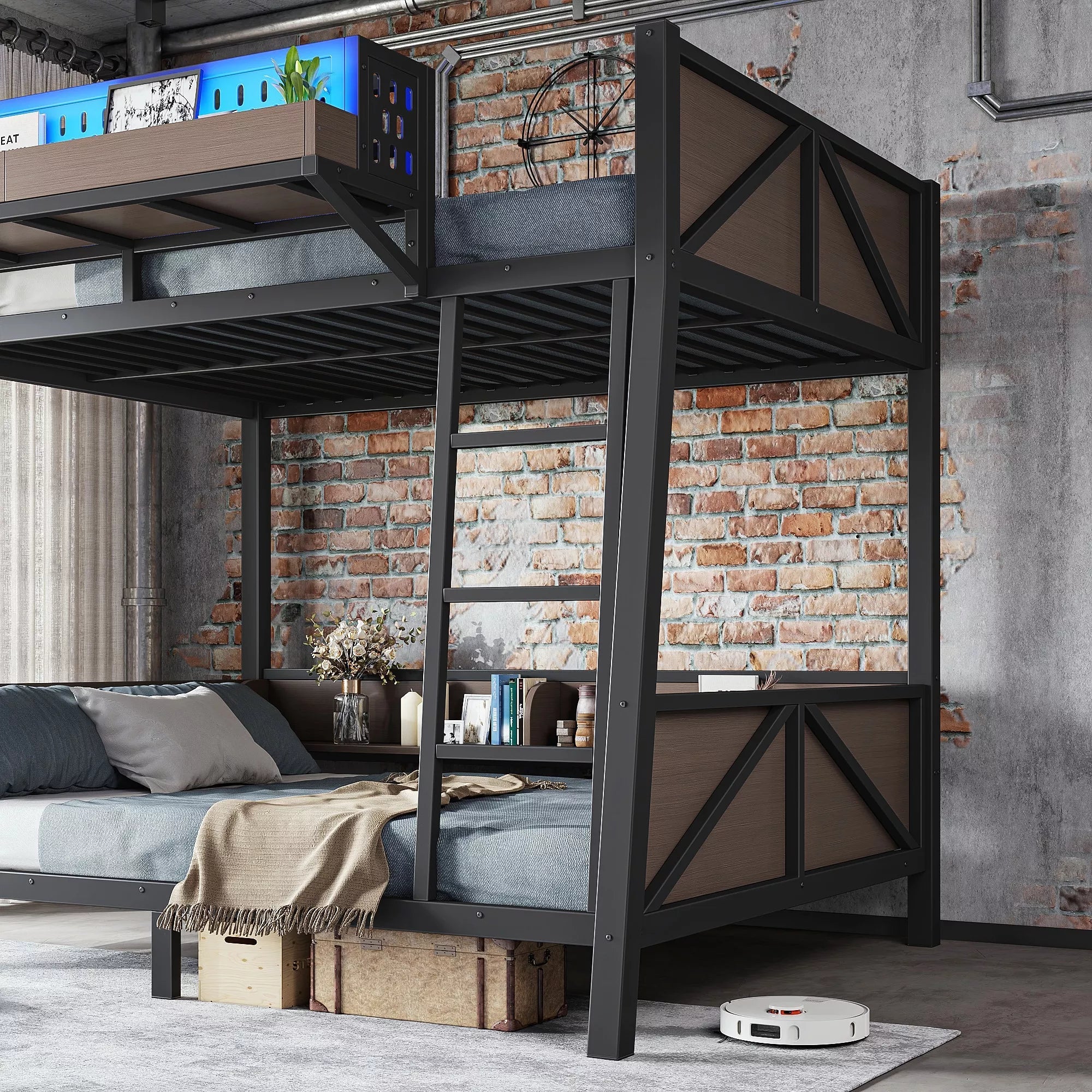 Bellemave® Heavy Duty Metal Bunk Bed Frame with Storage Shelves, LED Lights & USB Ports, Black Bellemave®
