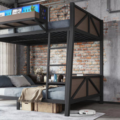 Bellemave® Heavy Duty Metal Bunk Bed Frame with Storage Shelves, LED Lights & USB Ports, Black Bellemave®
