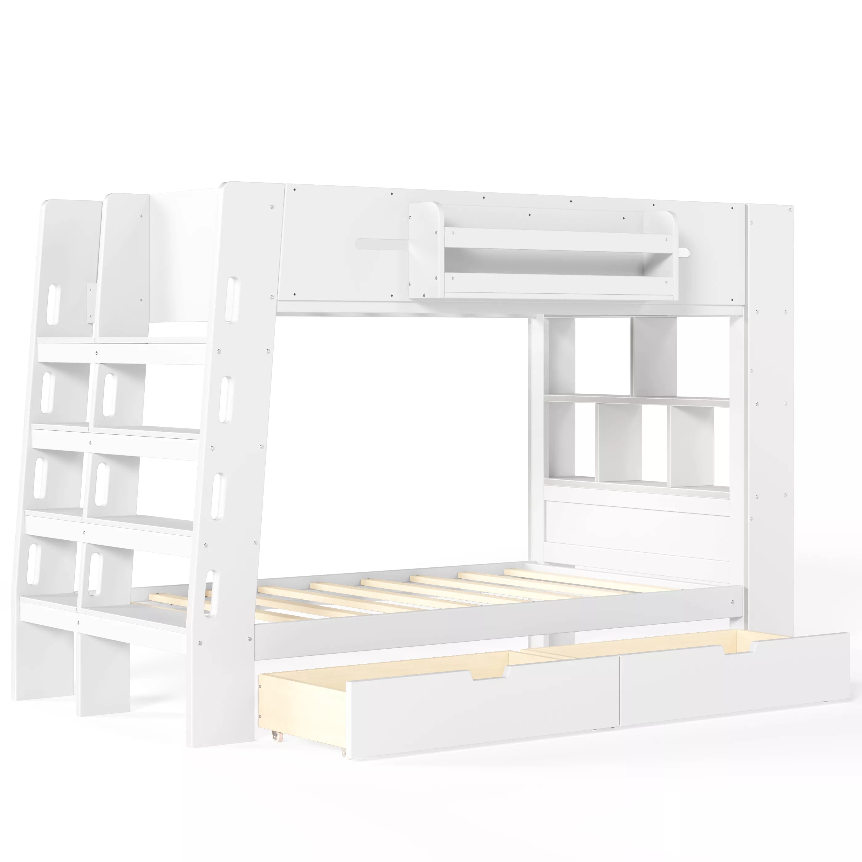 space saving bunk bed design with side storage shelves