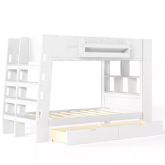 space saving bunk bed design with side storage shelves