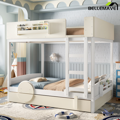Bellemave® Automobile Form Design for Kids ,Queen Bunk Beds with Trundle , Wooden Bunk Bed with Built-in Bookshelf & High-quality Safety Guardrail,White＆ Beige