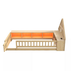 Bellemave® Twin Size Wood Floor Bed with Guardrail, House-Shaped Headboard, Storage Cabinets, LED Light & USB Port, Montessori Kids Bed Frame