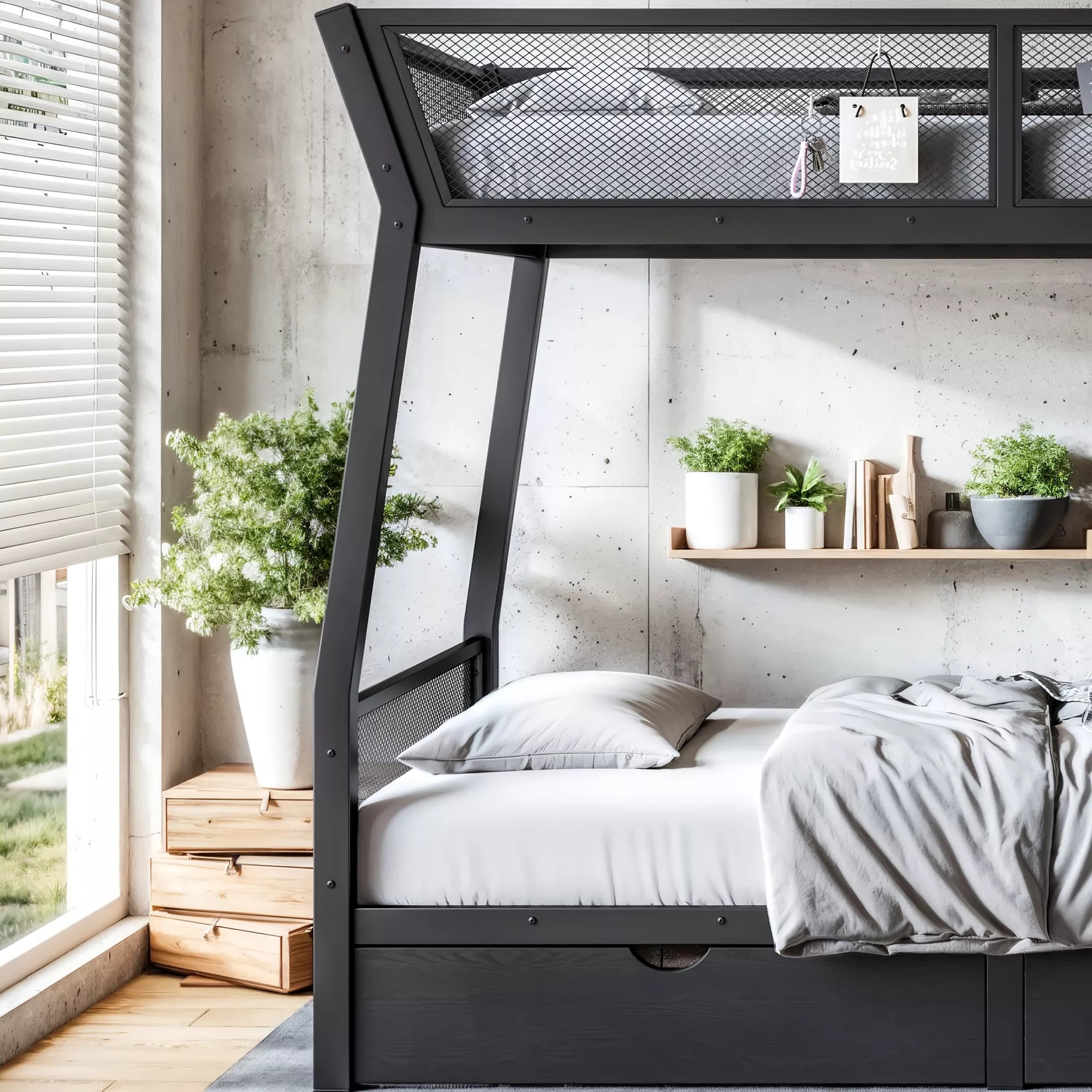 Bedroom view of a black metal bunk bed showing mesh upper guardrails and the lower sleeping area