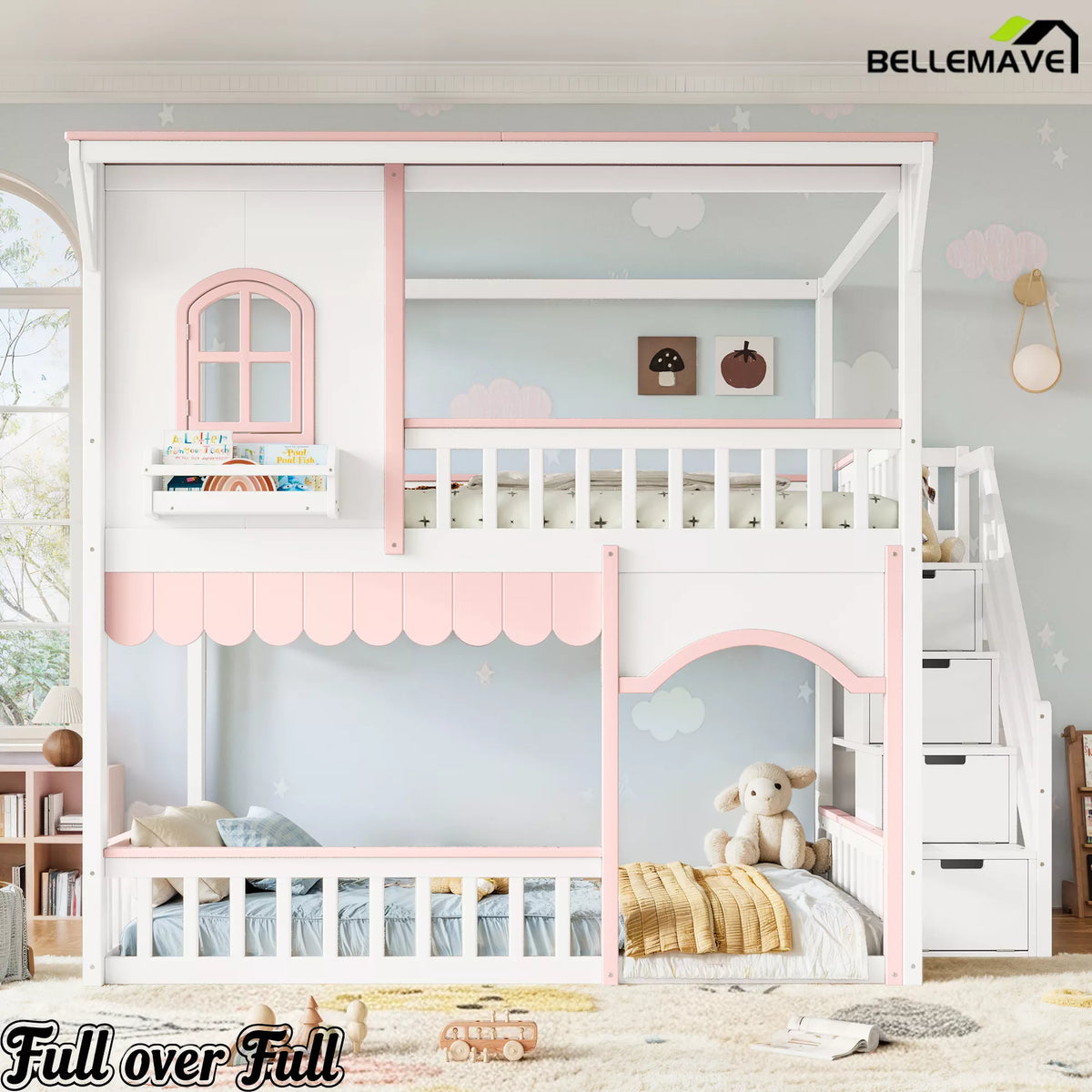 pink and white house bunk bed for kids room