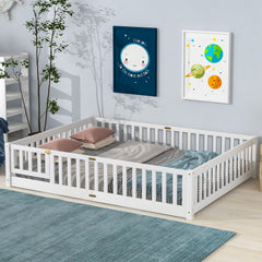 Bellemave® Queen Size Montessori Floor Bed with Fence Guardrails and Door