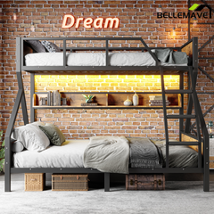Bellemave® Twin XL Over Queen Bunk Bed with Storage Shelves and LED Lights, Metal Bunk Beds with Ladders, Black