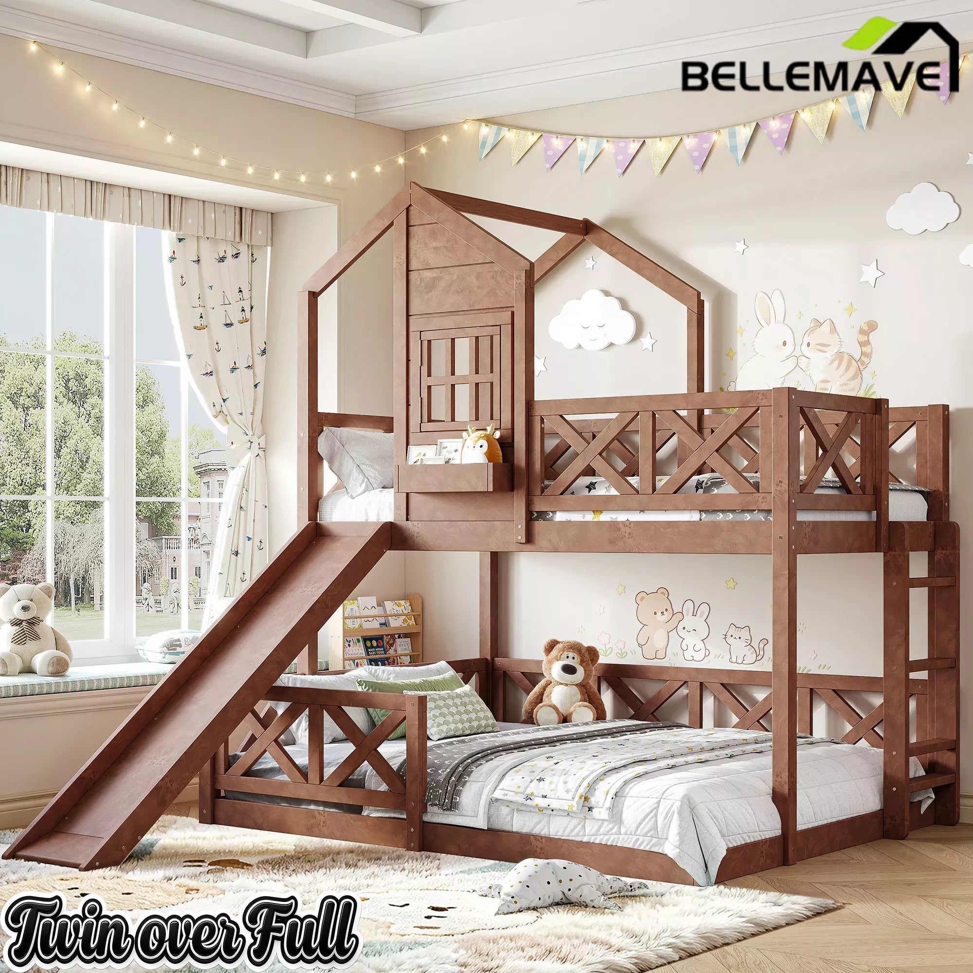 Bellemave® Bunk Bed Twin Over Full with Rail & Slide, House Bed for Kids, Floor Bunk bed with Fence Bellemave®