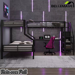 Bellemave® L-Shaped Triple Bunk Bed with Storage Stairs, Twin Over Twin Over Full Bunk Bed with Desk, USB Ports, Wardrobe, Heavy-Duty Metal Corner Bunk Beds for 3 Kids, Noise Free, Black Bellemave®