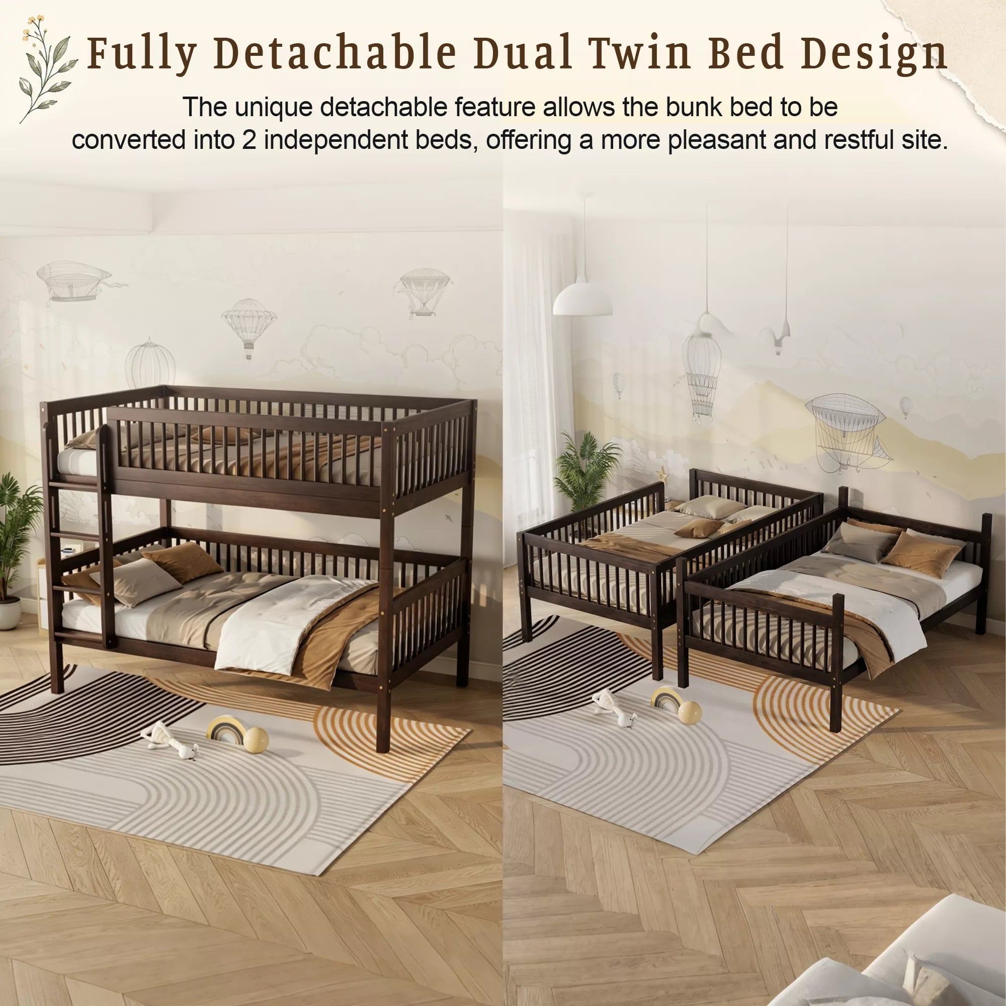 Detachable Twin over Twin bunk bed shown as two separate beds
