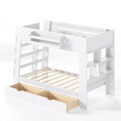 white bunk bed with storage drawers and safety guardrails