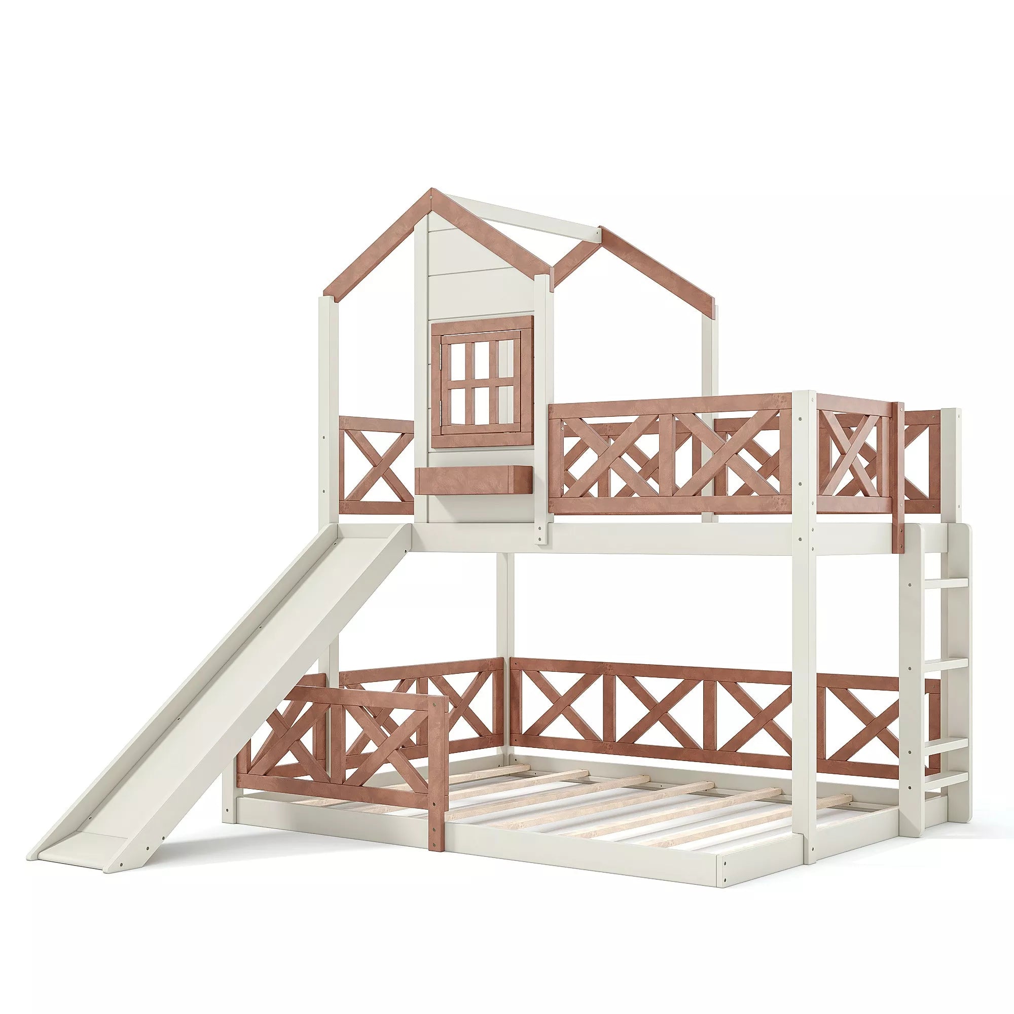 Bellemave® Bunk Bed Twin Over Full with Rail & Slide, House Bed for Kids, Floor Bunk bed with Fence Bellemave®
